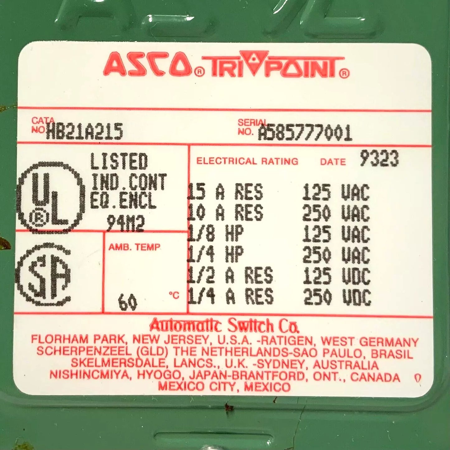 Asco HB21A215 Miniature-Size Pressure Switch