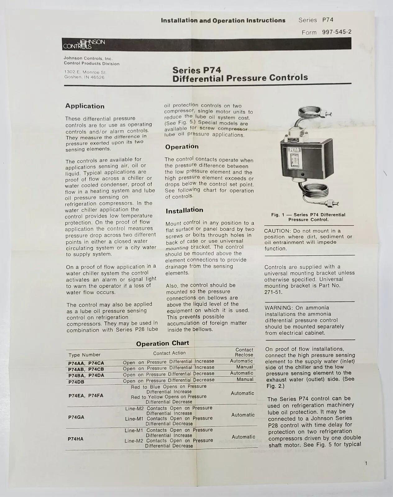 Johnson Controls P74HA-9C Differential Pressure Control