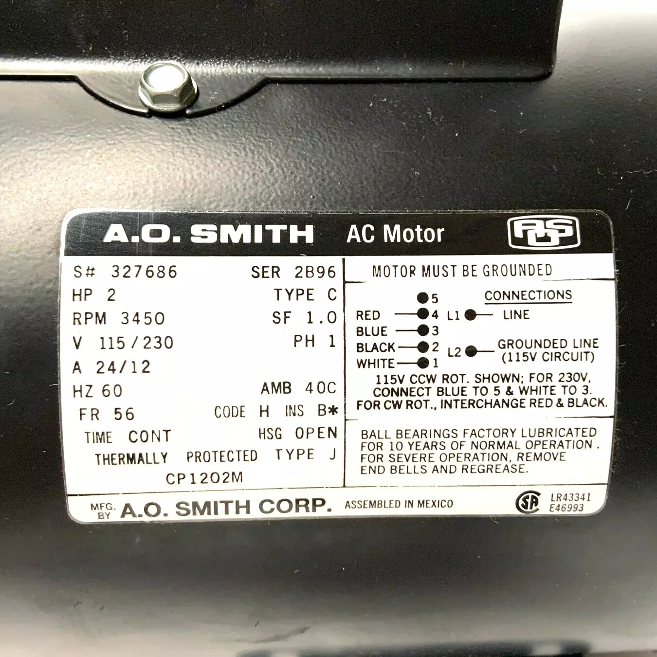 A.O. Smith CP1202M / 327686 AC Motor, 2 HP / 3450 RPM