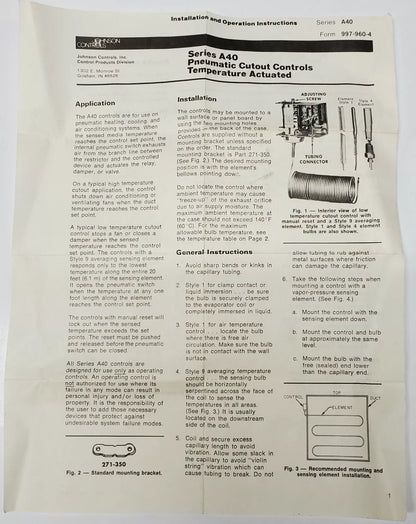 Johnson Controls A40HA-1 Pneumatic Temperature Control