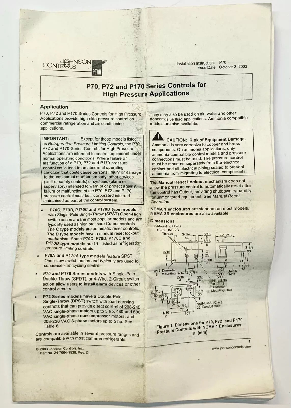 PENN By Johnson Controls P70EA-10C Pressure Control