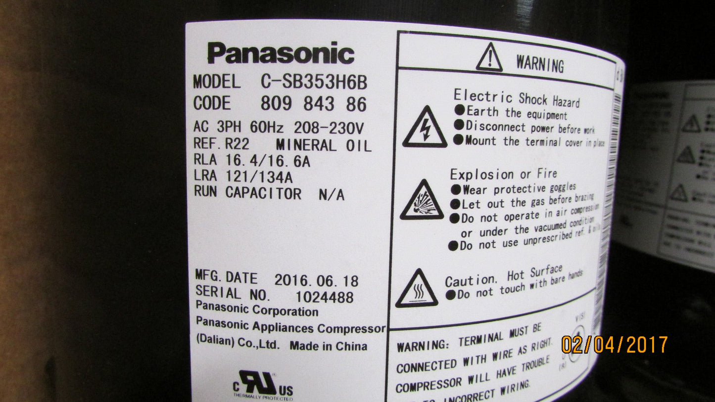 Panasonic Compressor C-SB353H6B 208/230V 3PH 60Hz