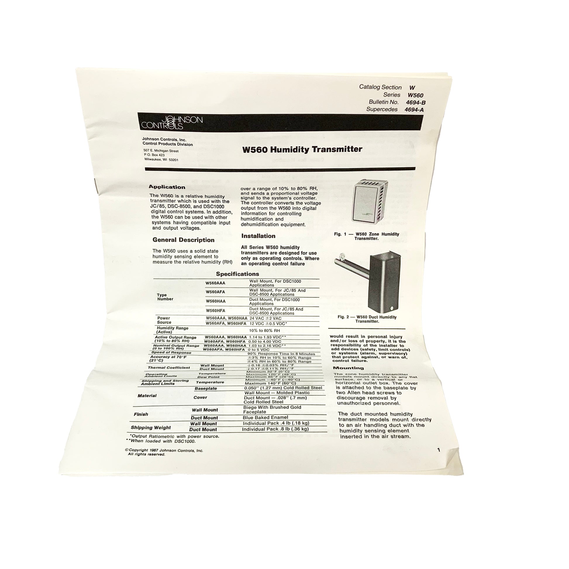 Johnson Controls W560HAA-1 Duct Humidity Transmitter