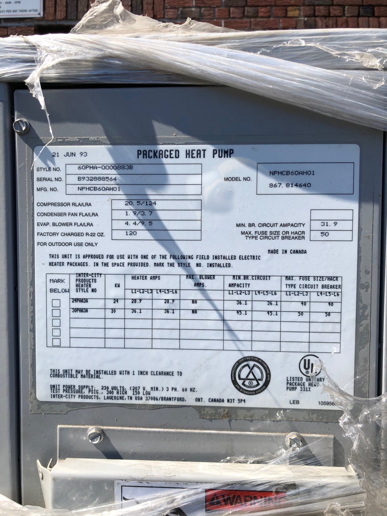 NPHCB60AH01 Packaged Heat Pump