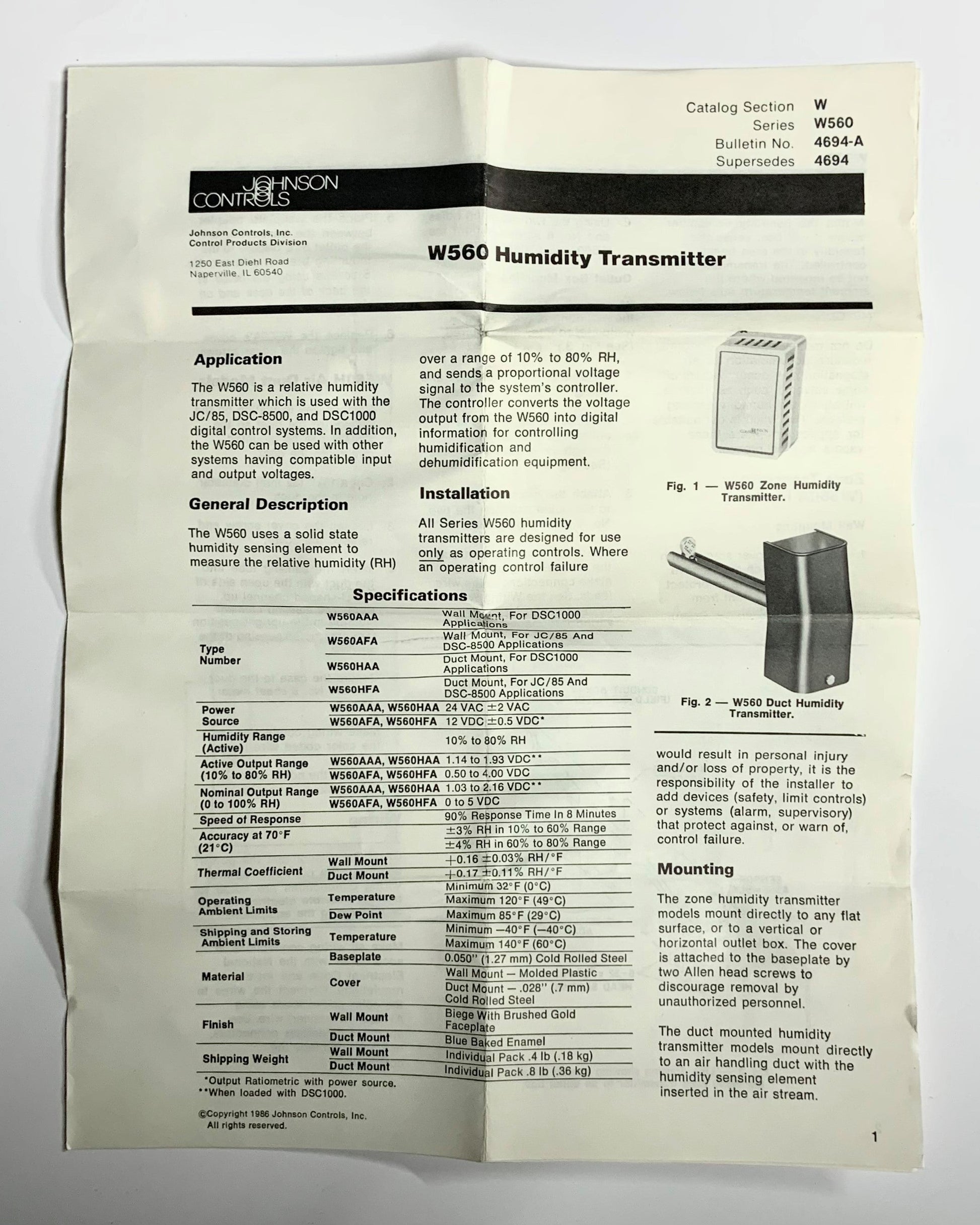 Johnson Controls W560HFA-1C Duct Humidity Transmitter