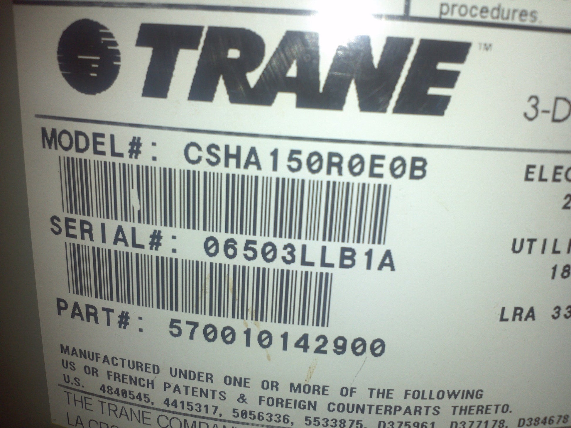 Trane 15-Ton Scroll Compressor: CSHA150R0E0B, R-22, 208-230V, 3-Phase, 60Hz