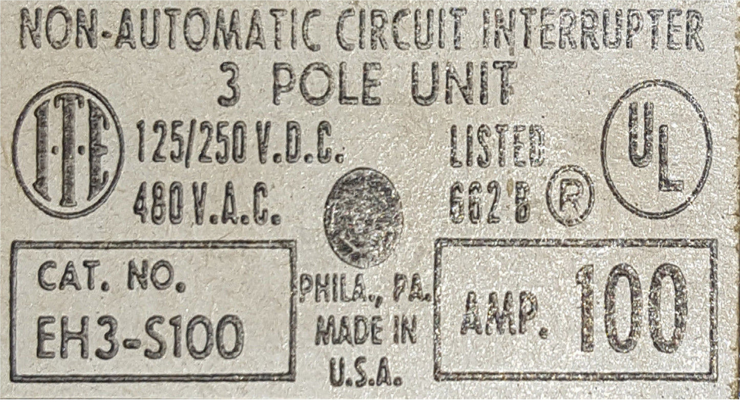 ITE / Siemens EH3‑S100 100‑amp, 3‑pole, 480‑volt AC molded‑case circuit breaker