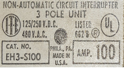 ITE / Siemens EH3‑S100 100‑amp, 3‑pole, 480‑volt AC molded‑case circuit breaker