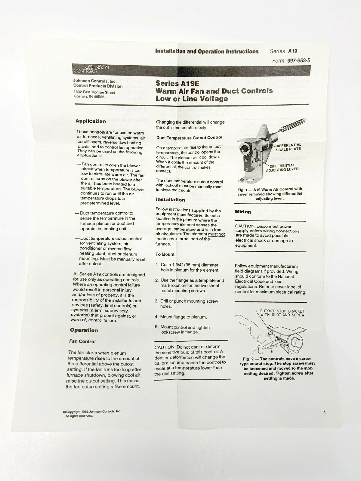 Johnson Controls A19EBA-1C Warm Air Fan Control