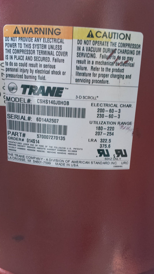 TRANE COMPRESSOR MODEL# CSHS140J0HOB   SURPLUS!